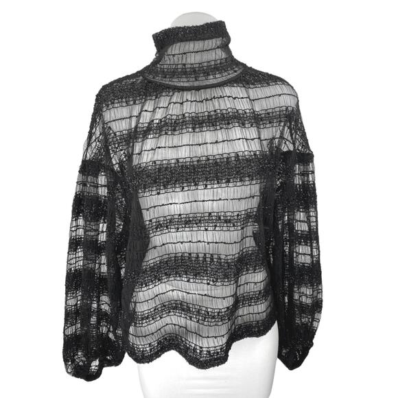 Express Women's Black Metallic Lace Long Sleeve Turtleneck Sheer Blouse Top Sz M - Picture 1 of 5